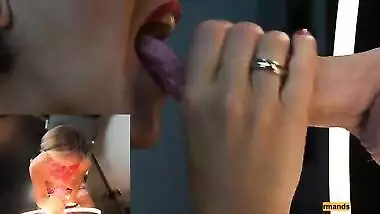 4K - MILF Slut masked with lipstick gives blowjob & gets all the cum on her tongue in close up